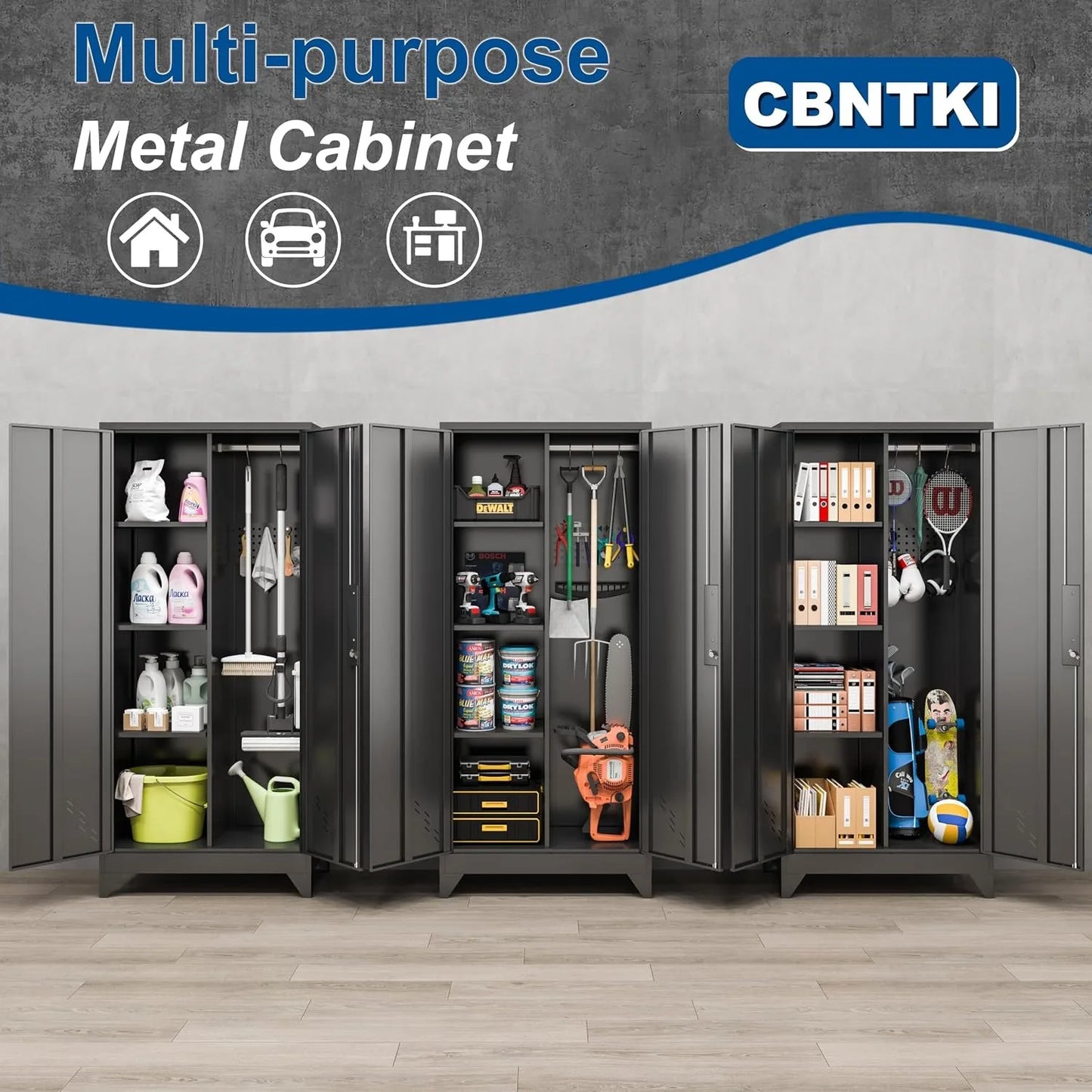 Black Metal Storage Cabinet with Lock, Pegboard & Hanging Rod for Garage Broom Closet, Custom