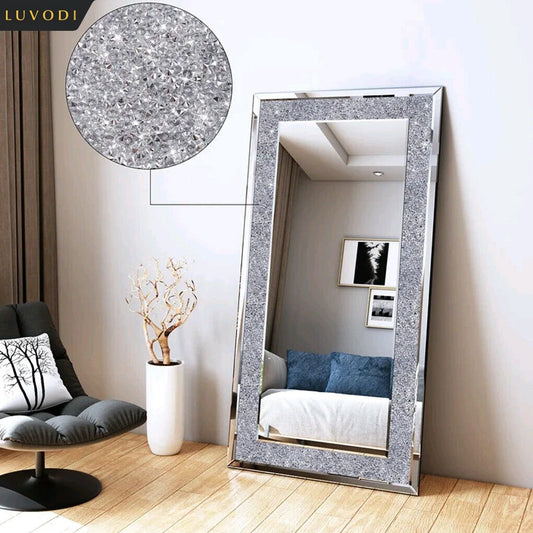 Large Silver Sparkly Crystal Rhinestone Diamond Frameless Vanity Mirrors Wall Mounted Dressing Mirror for Home/Hotel