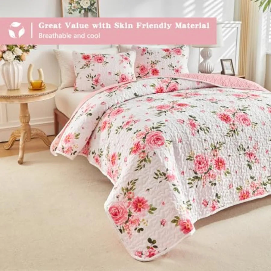 Floral Quilt Set 3 Pieces Queen Size White Pink Flower Soft Microfiber Lightweight Summer Reversible Coverlet Bedspread for All
