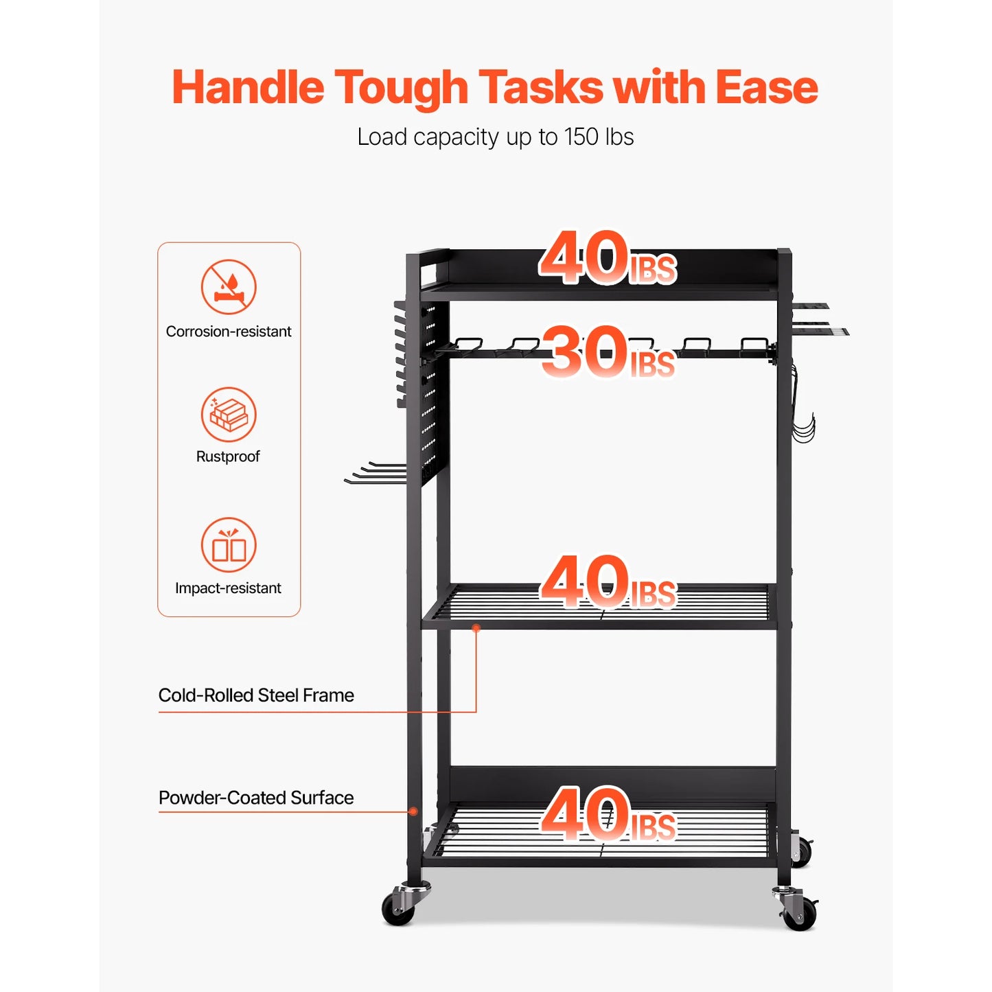 VEVOR 4-tier Rolling Tool Organizer Cart 150 lbs Garage Floor Stand Storage Cart on Wheels Drill Holder Rack for Workshop