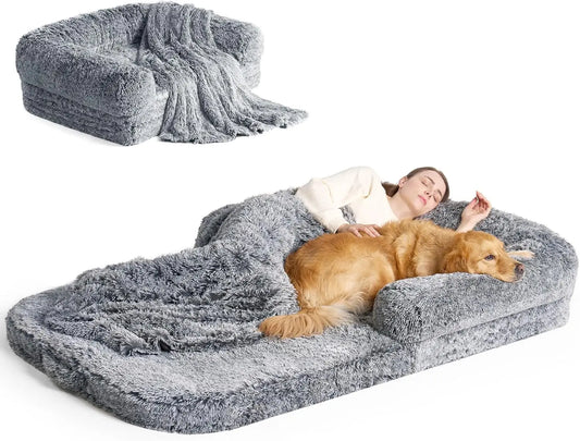 Foldable Human Dog Bed, 72x44x11 Orthopedic Memory Foam Pet Couch for Adults with Waterproof Cover & Non-Slip Bottom