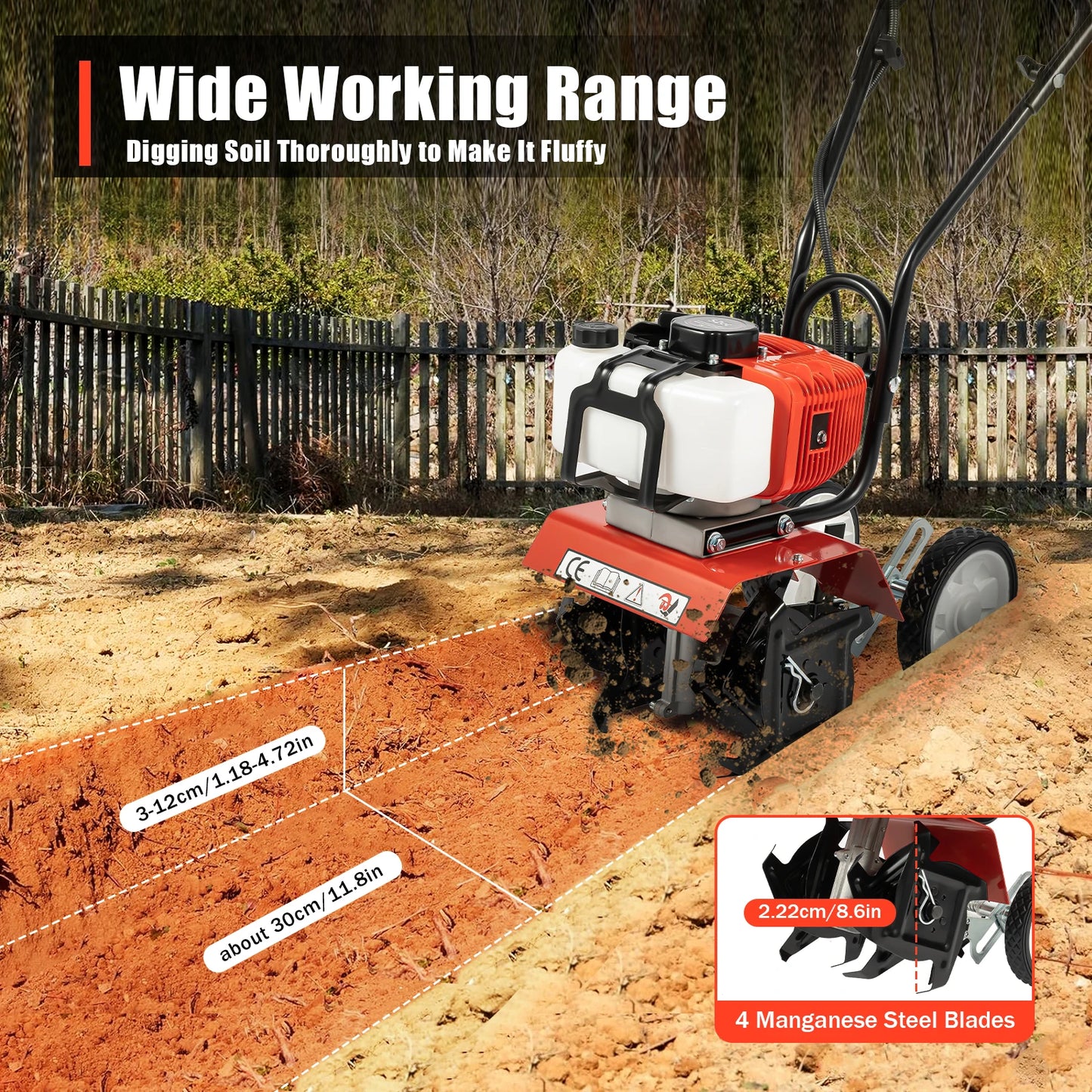 52CC 1.9KW 2-Stroke Gasoline Tiller 4 Manganese Steel Blades 11.8in Width Stock for Yard Garden