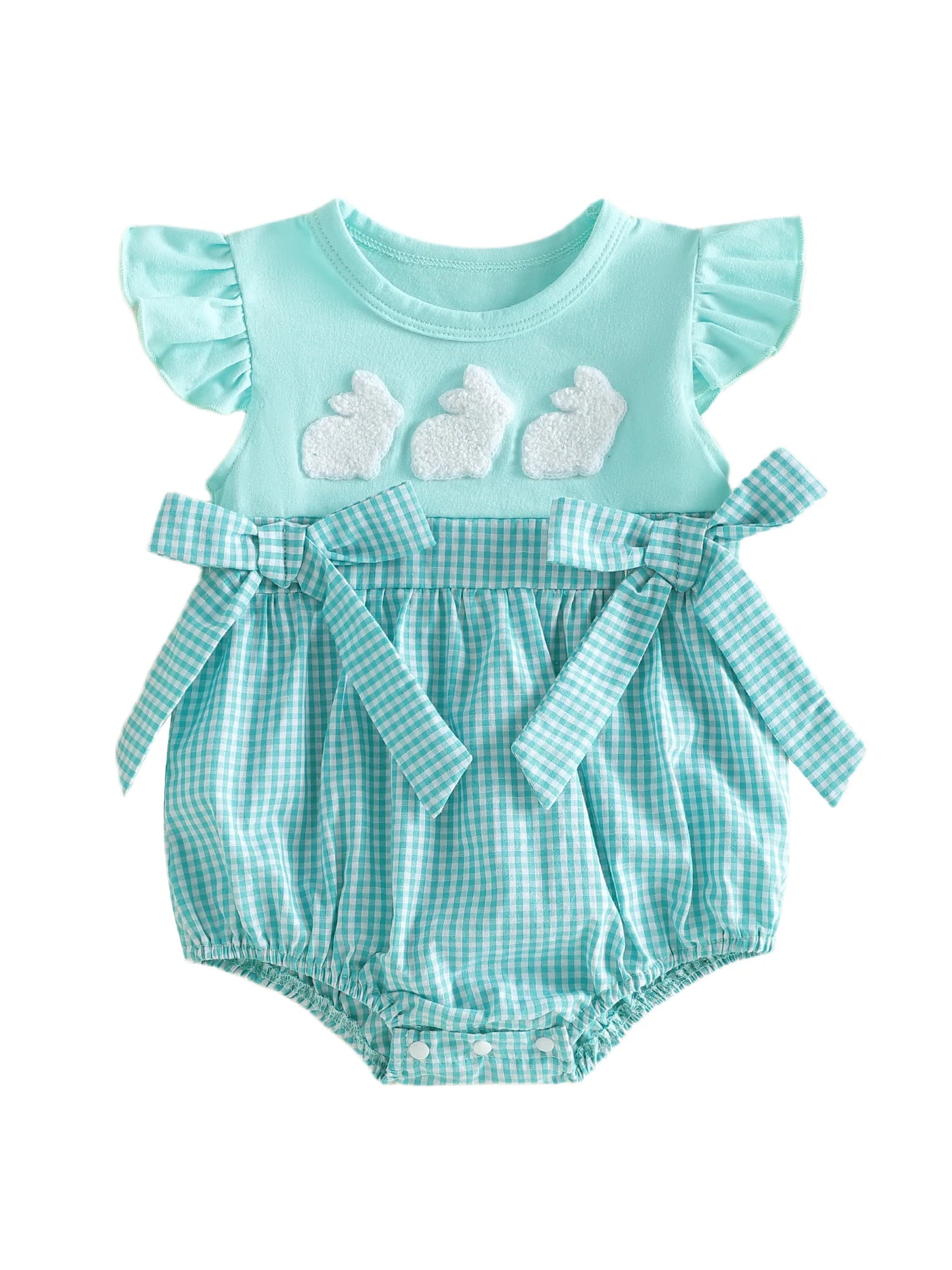 Toddler Girl Floral Ruffle Sleeve Romper with Bunny Embroidery and Bow Detail Adorable Easter Outfit for Spring and Summer