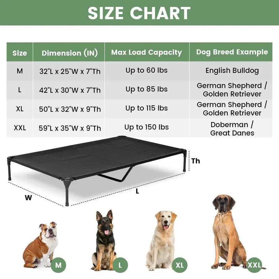 Dog Bed for Outdoor, Large Raised Dog Cot with Washable Mesh, Cooling Pet Cot Chew Proof for Outside Camping, 42x30 Black