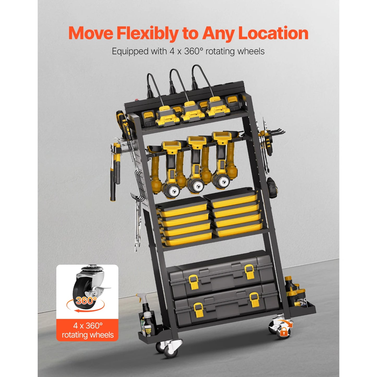 SucceBuy 4-tier Tool Organizer Cart with Charging Station AC Outlet Floor Stand Rolling Storage Drill Holder for Workshop Garage