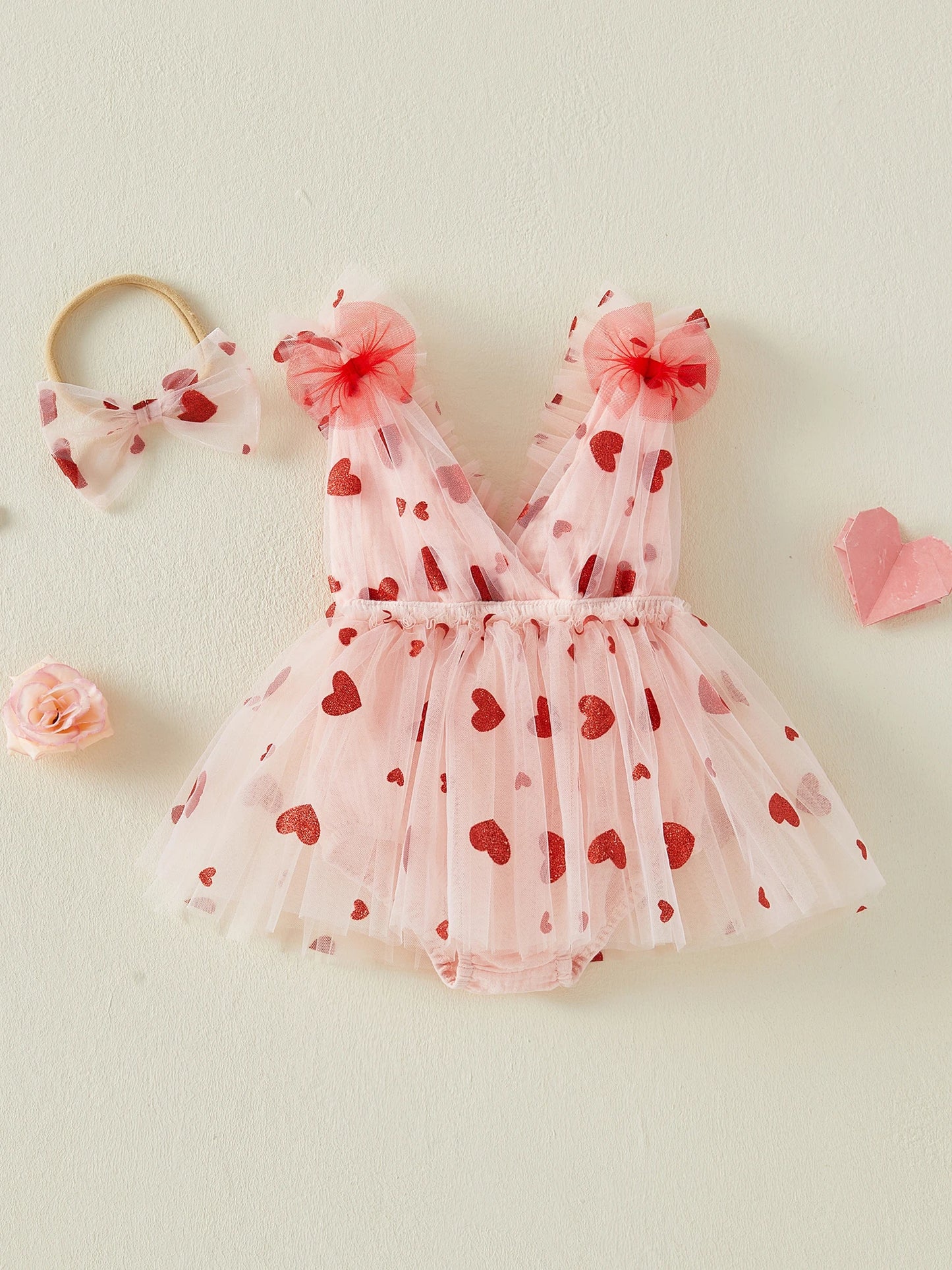 Baby Girl Valentine s Day Outfit Sleeveless V Neck Sequin Heart Print Layered Tulle Romper Dress and Bow Headband Set with