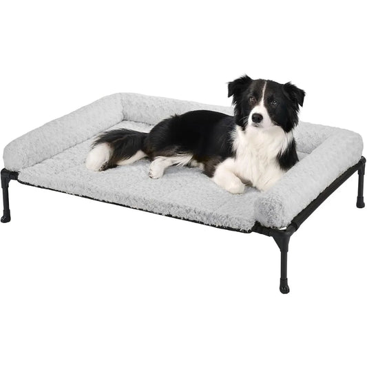 veehoo cooling elevated dog bed add removable deluxe rose plush bolster cushion mat, 41" x 27" washable dog couch bed, raised pe