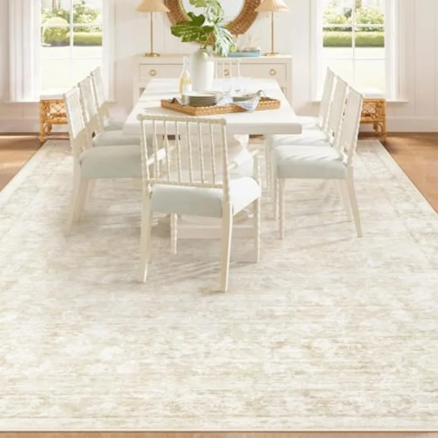 Living room 8x10 area rug: washable vintage floral low pile non-slip boho carpet in beige, suitable for bedroom dining home off