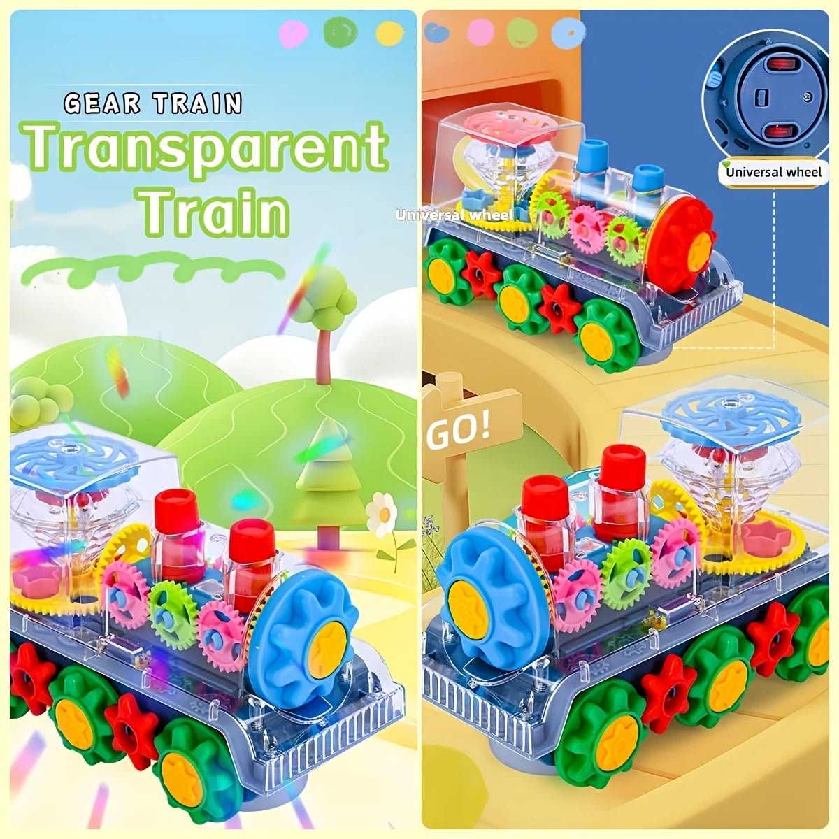 Kids Electric Transparent Gear Train Toy - Flashing Lights, Music, Educational Toddler Toy for Boys Girls, Cool Christmas Gifts