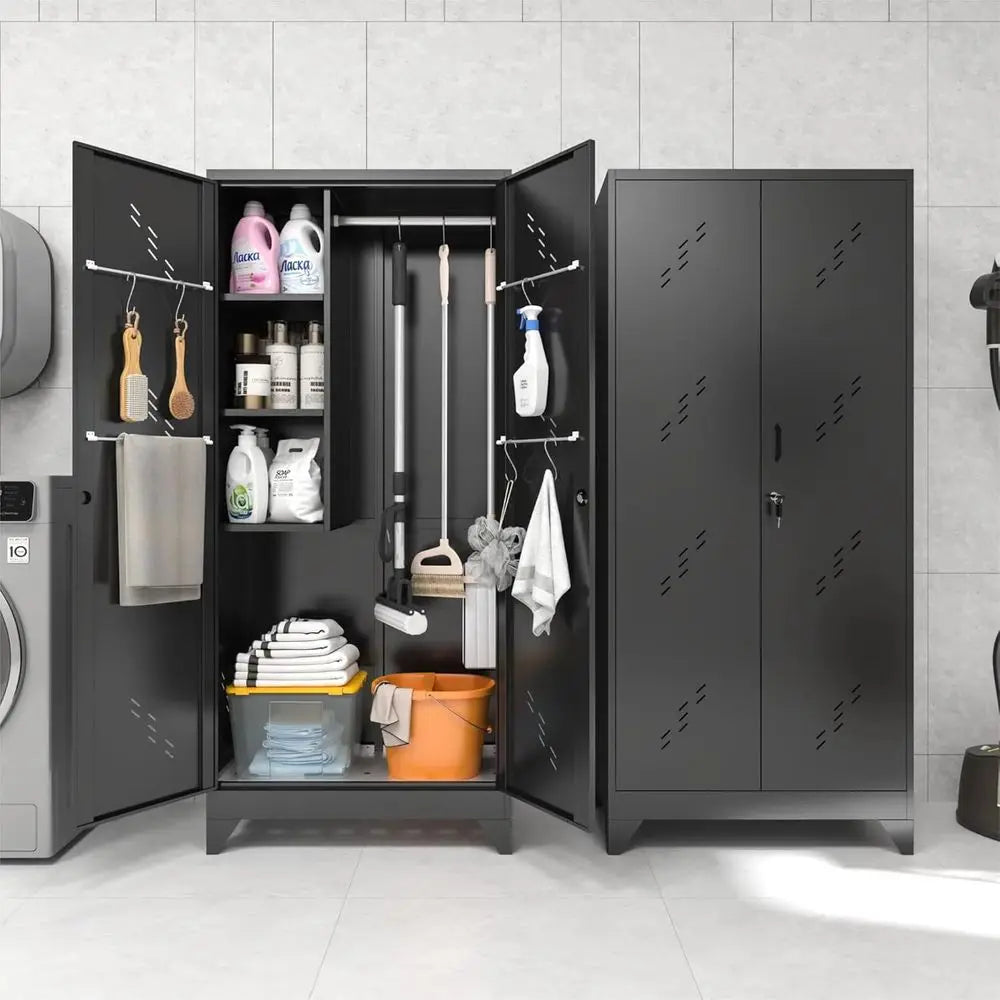 75 Heavy-Duty Metal Storage Cabinet with Lock, Hanging Rod & S-Hooks for Garage Organization