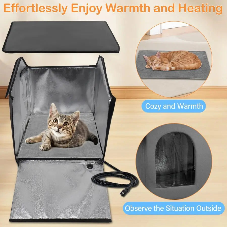 Heated Cat House Outdoor Cat House with Heating Pad Bed,Insulated Cat House Elevated Outdoor Feral Cats Shelter with Soft Mat fo