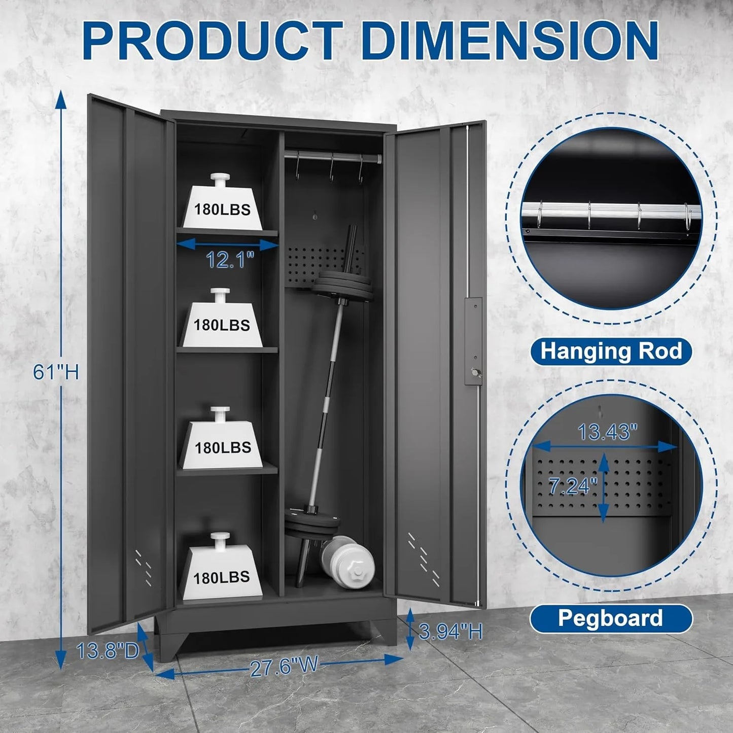 Black Metal Storage Cabinet with Lock, Pegboard & Hanging Rod for Garage Broom Closet, Custom