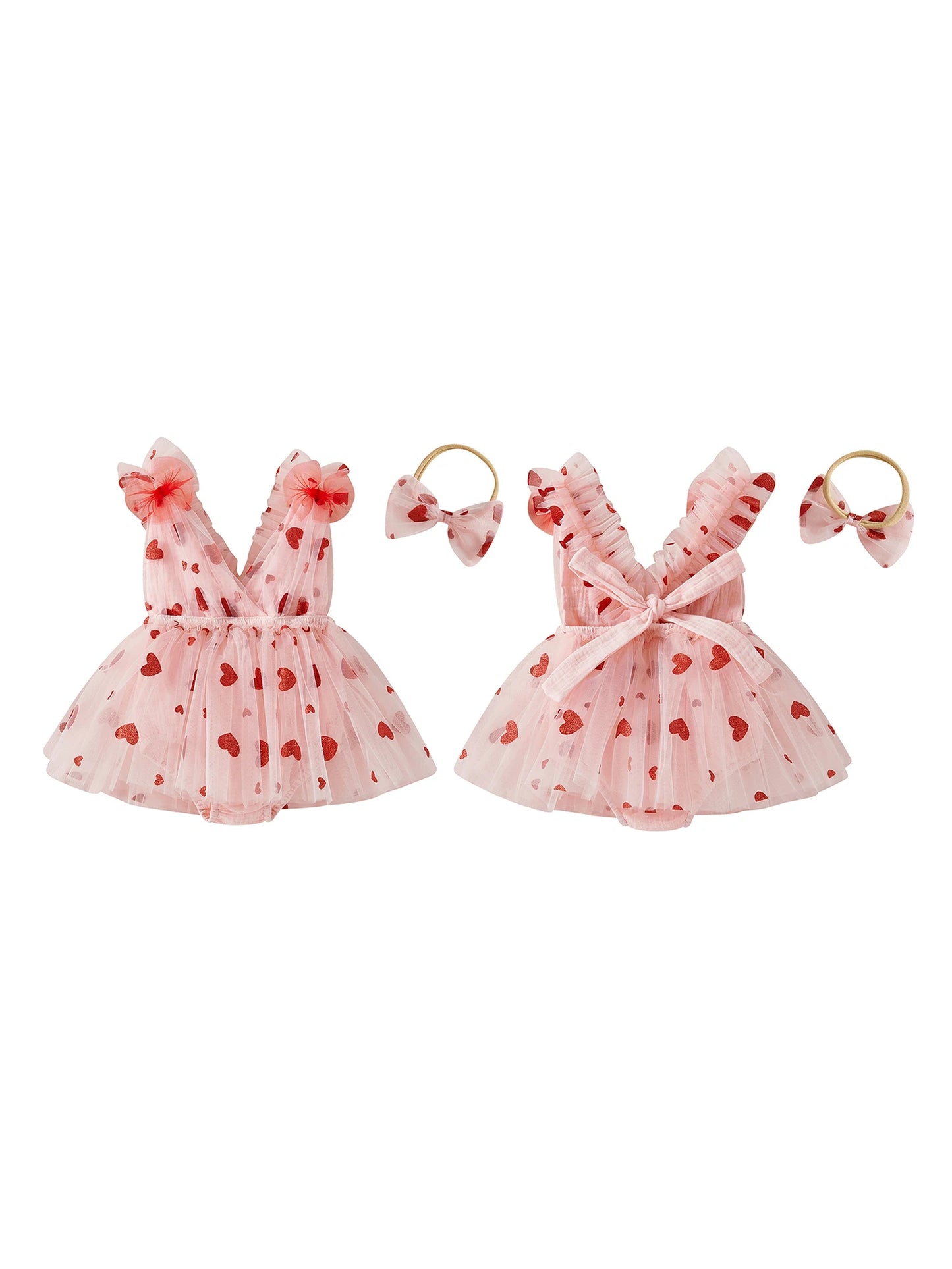Baby Girl Valentine s Day Outfit Sleeveless V Neck Sequin Heart Print Layered Tulle Romper Dress and Bow Headband Set with