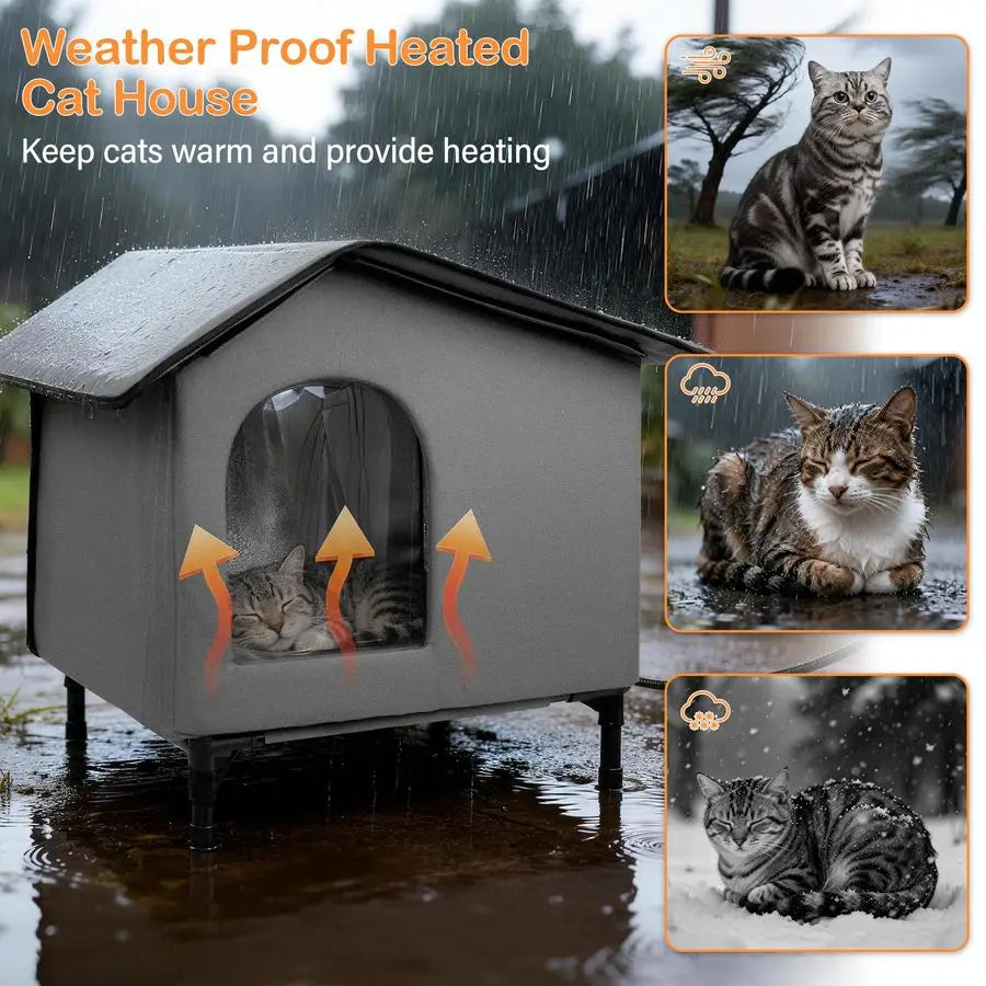 Heated Cat House Outdoor Cat House with Heating Pad Bed,Insulated Cat House Elevated Outdoor Feral Cats Shelter with Soft Mat fo