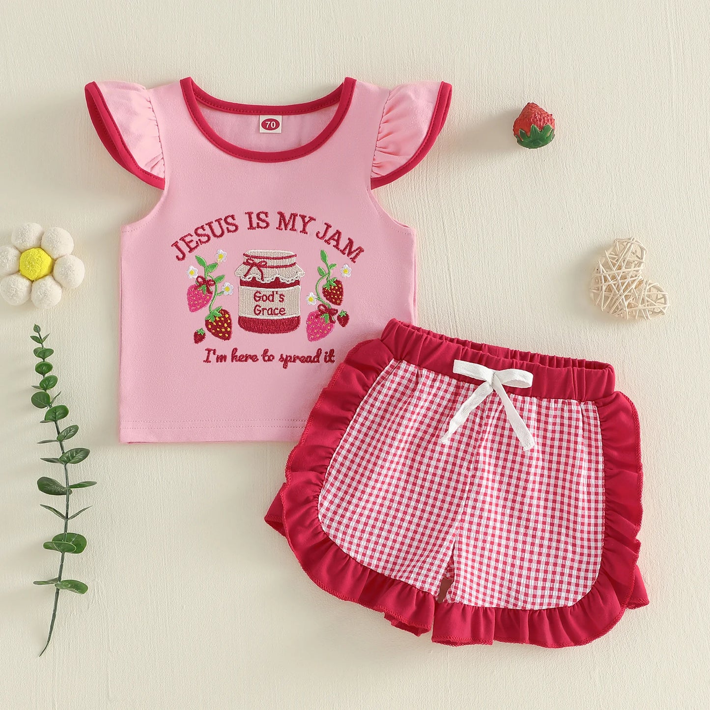 Adorable Infant Girl s Summer Ensemble with Cute Strawberry Embroidered Flutter Sleeve Blouse and Plaid Shorts with Ruffle