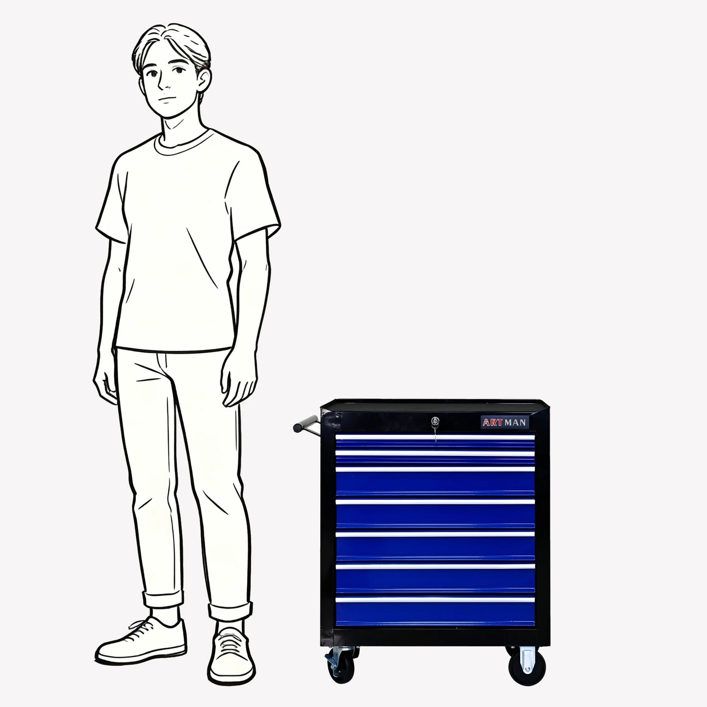 Cabinet, Box, 7 Drawer Rolling Tool Box with Key Lock for Garages, Workshops, Repair Shops, Blue; Steel Rolling Tool Boxes