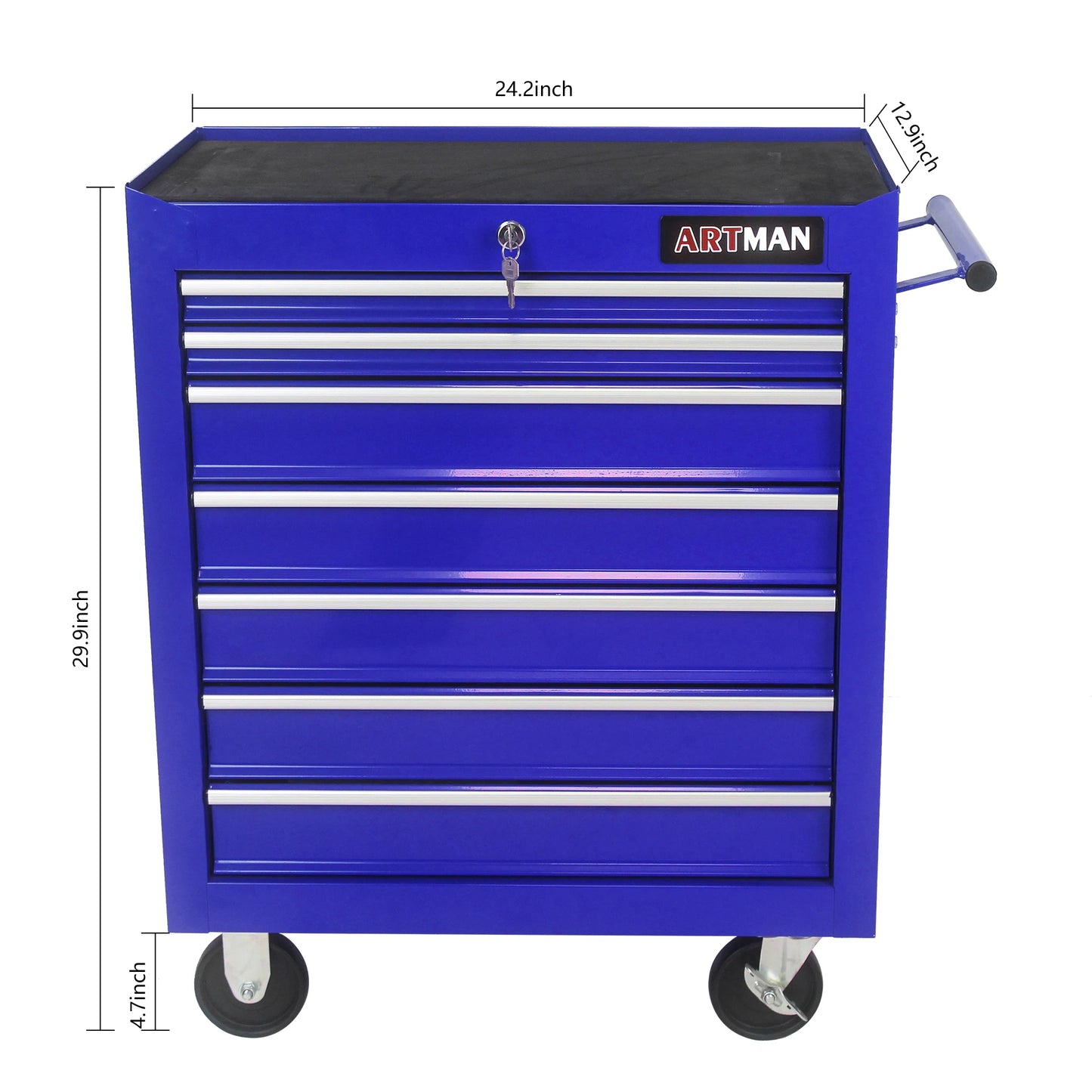 Cabinet, Box, 7 Drawer Rolling Tool Box with Key Lock for Garages, Workshops, Repair Shops, Blue; Steel Rolling Tool Boxes