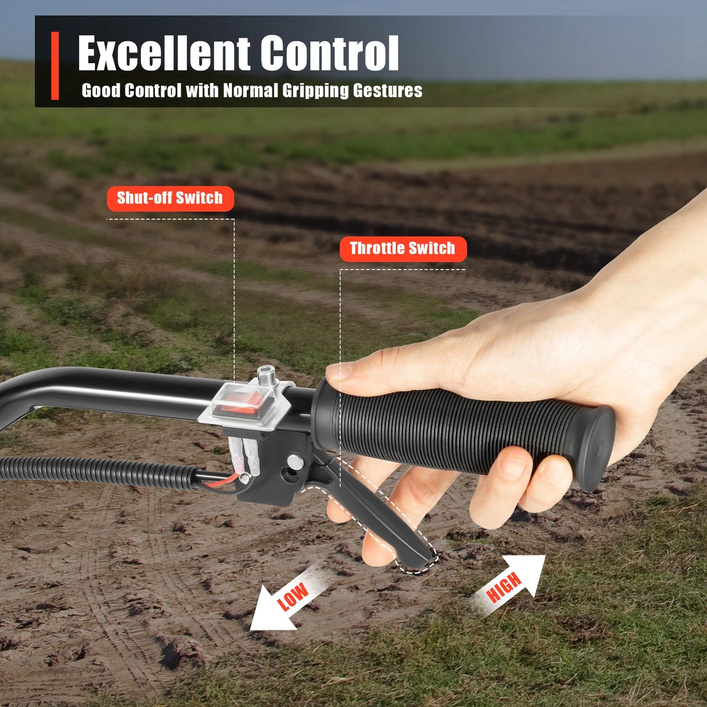 52CC 1.9KW 2-Stroke Gasoline Tiller 4 Manganese Steel Blades 11.8in Width Stock for Yard Garden