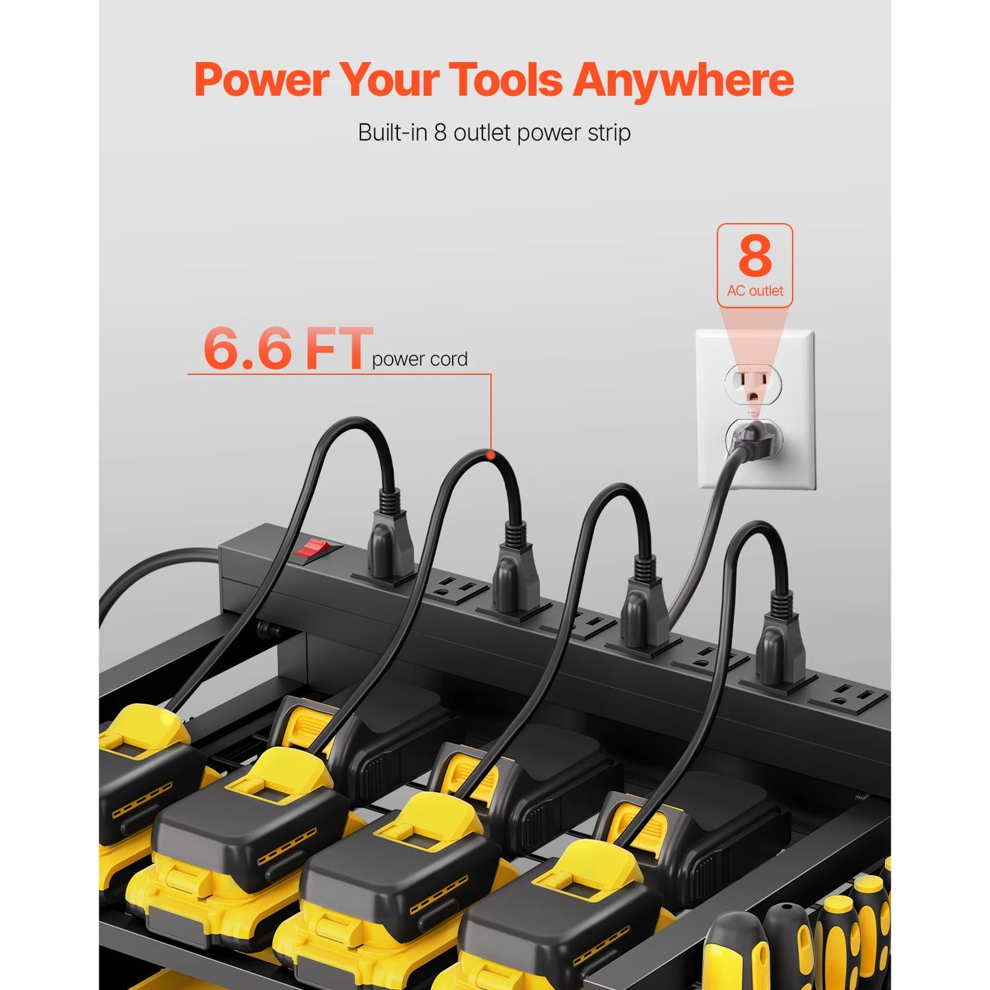 SucceBuy 4-tier Tool Organizer Cart with Charging Station AC Outlet Floor Stand Rolling Storage Drill Holder for Workshop Garage