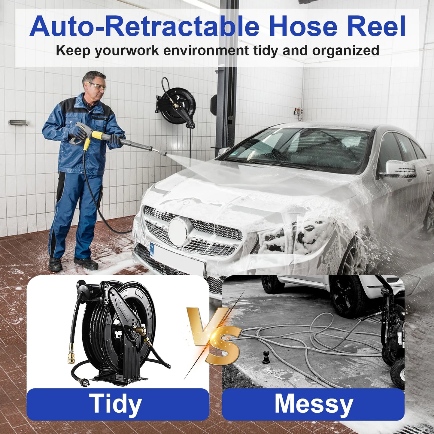 Heavy Duty 4000 PSI Pressure Washer Hose Reel, 0.59in X 50 FT Auto Rewind Retractable Power Washer Hose Reel, Double Arm Steel Construction Wall Ceiling Floor Mount for Cleaning Yard Garden Patio Car