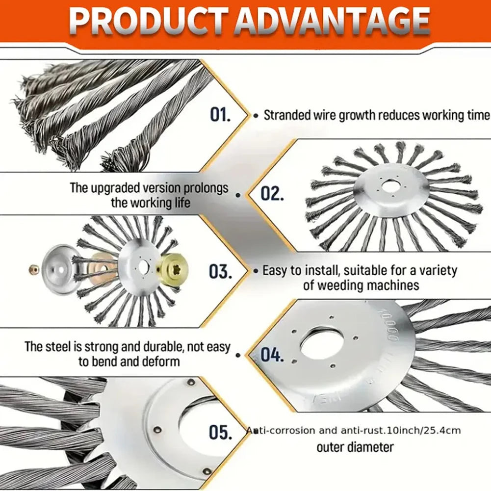 10inch Derusting Weeding Wheel Universal Garden Weeding Brush Removal Rust Rotary Weed Brush Lawn Mower Brush Cutter Accessories
