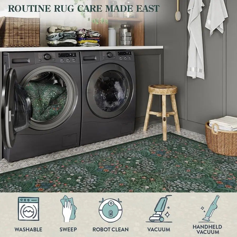 Floral Washable Rugs 5x7, Soft Green Rugs for Bedroom Living Room, Boho Non Slip Low Pile Forest Stain Resistance Large Throw Ca