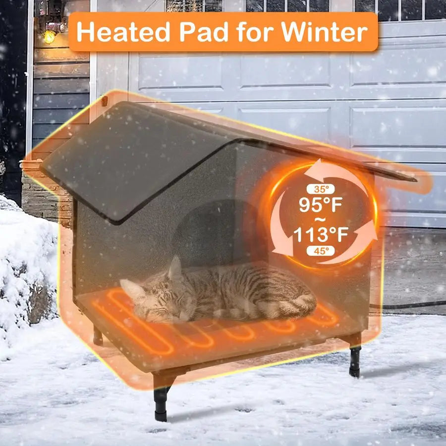 Heated Cat House Outdoor Cat House with Heating Pad Bed,Insulated Cat House Elevated Outdoor Feral Cats Shelter with Soft Mat fo