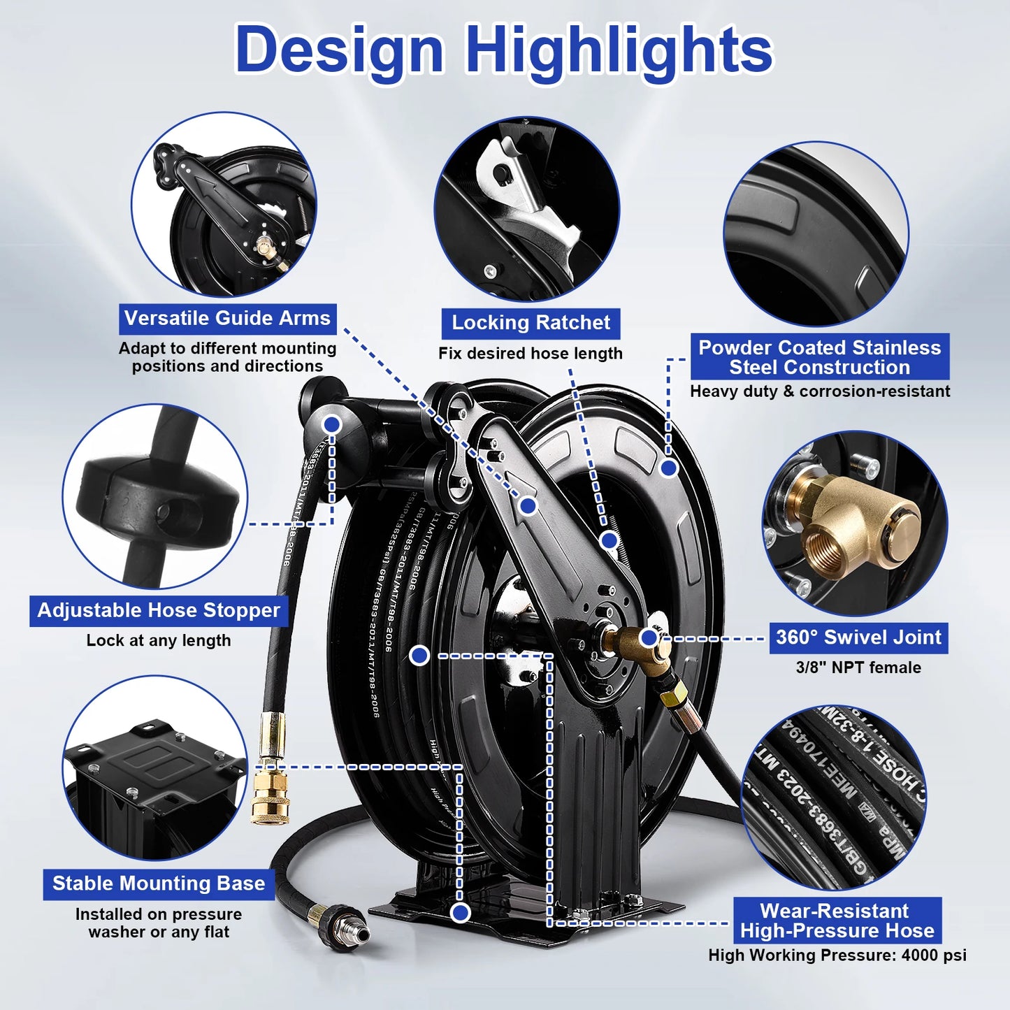 Heavy Duty 4000 PSI Pressure Washer Hose Reel, 0.59in X 50 FT Auto Rewind Retractable Power Washer Hose Reel, Double Arm Steel Construction Wall Ceiling Floor Mount for Cleaning Yard Garden Patio Car