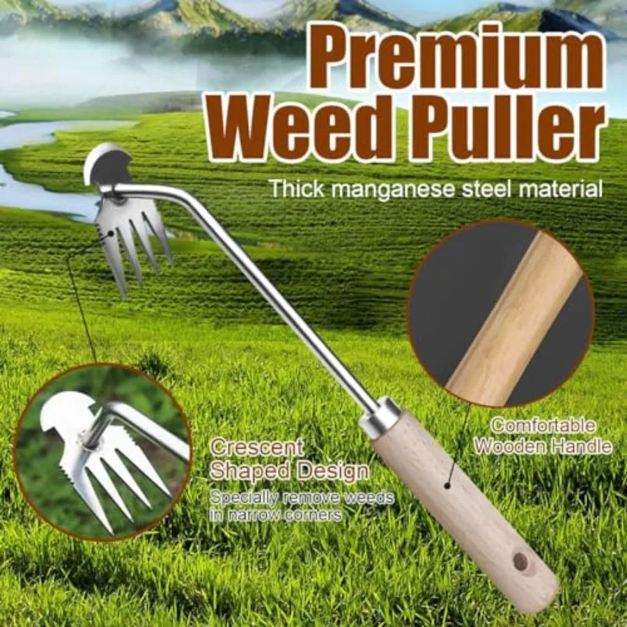 Manual Weed Puller Tool 4-Claw Steel Head Wooden Handle Hand Garden Weeder