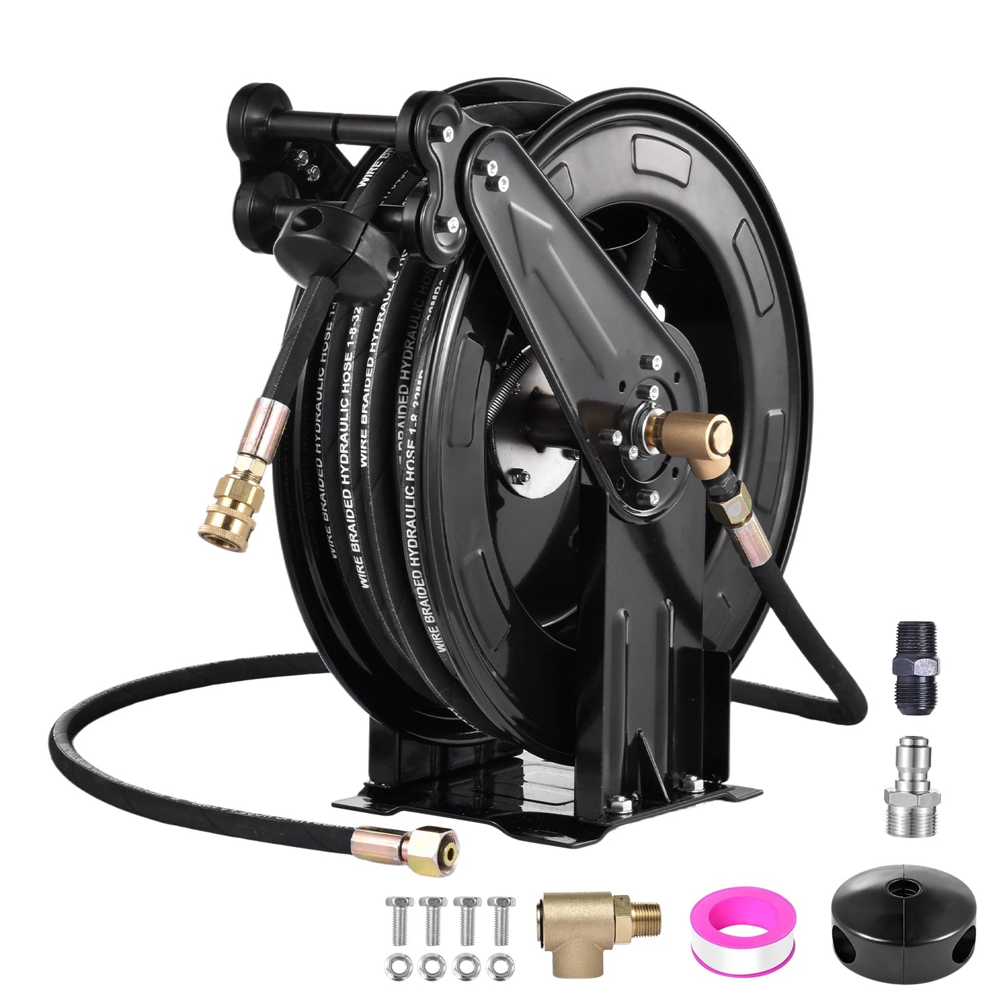 Heavy Duty 4000 PSI Pressure Washer Hose Reel, 0.59in X 50 FT Auto Rewind Retractable Power Washer Hose Reel, Double Arm Steel Construction Wall Ceiling Floor Mount for Cleaning Yard Garden Patio Car