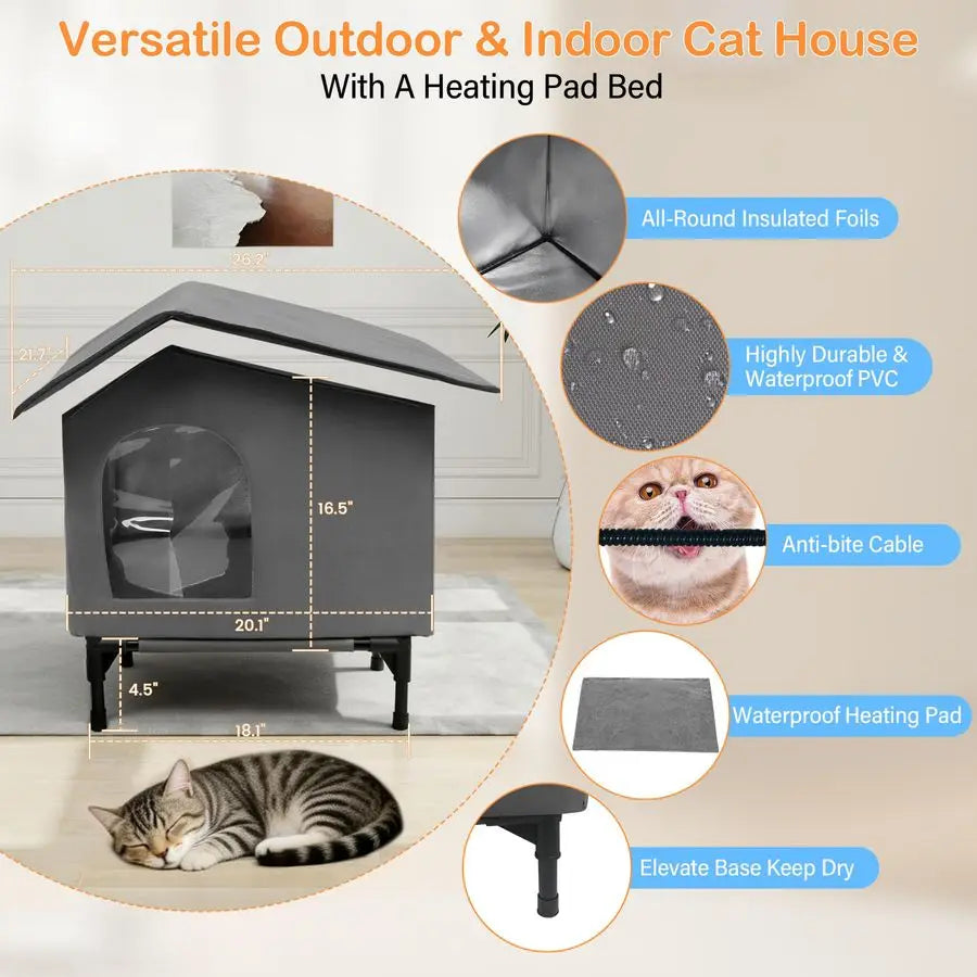 Heated Cat House Outdoor Cat House with Heating Pad Bed,Insulated Cat House Elevated Outdoor Feral Cats Shelter with Soft Mat fo