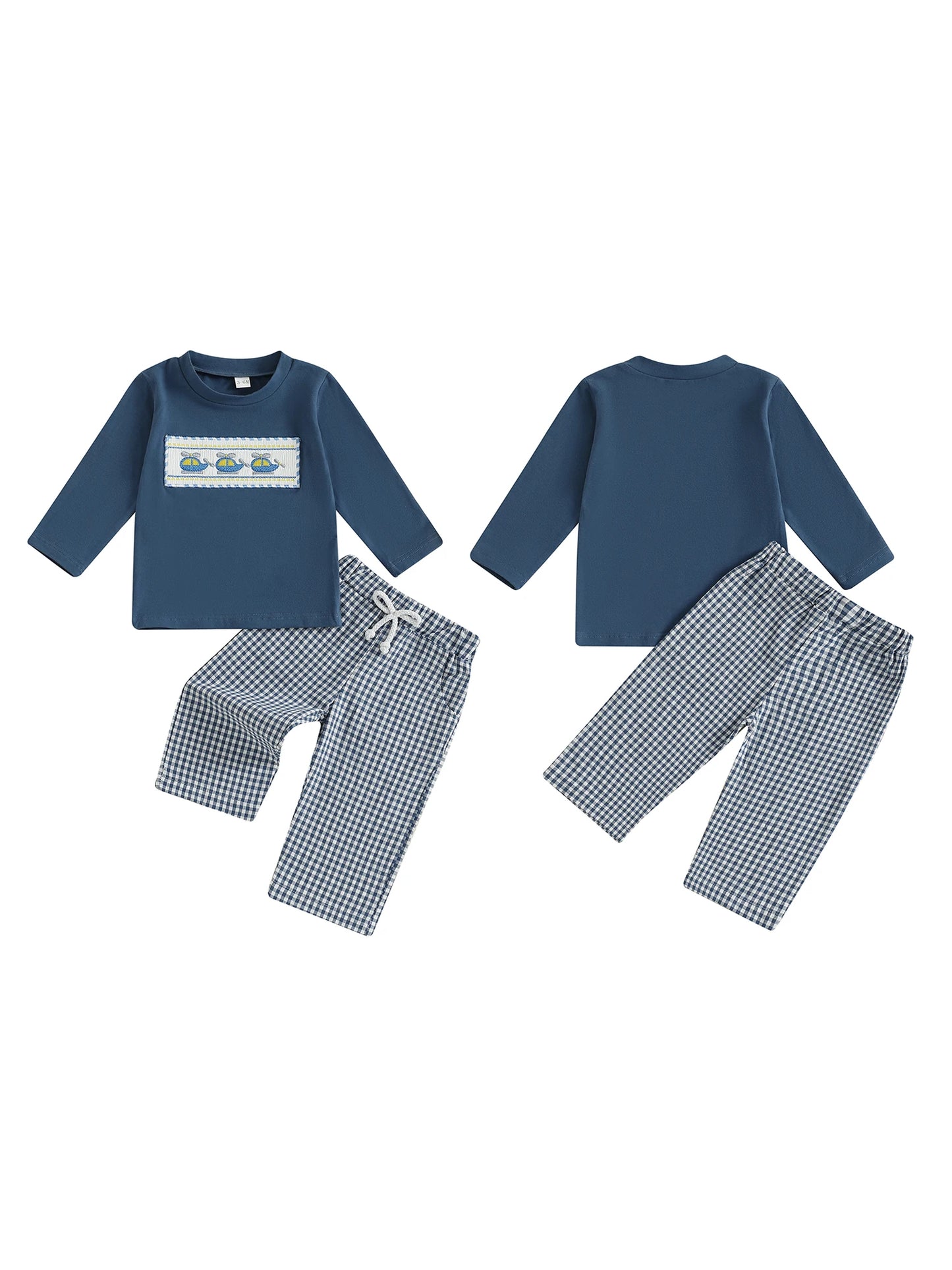 Cute Toddler Boy Autumn Outfit with Airplane and Boat Embroidery Long Sleeve Pullover and Plaid Pants with Elastic Waist