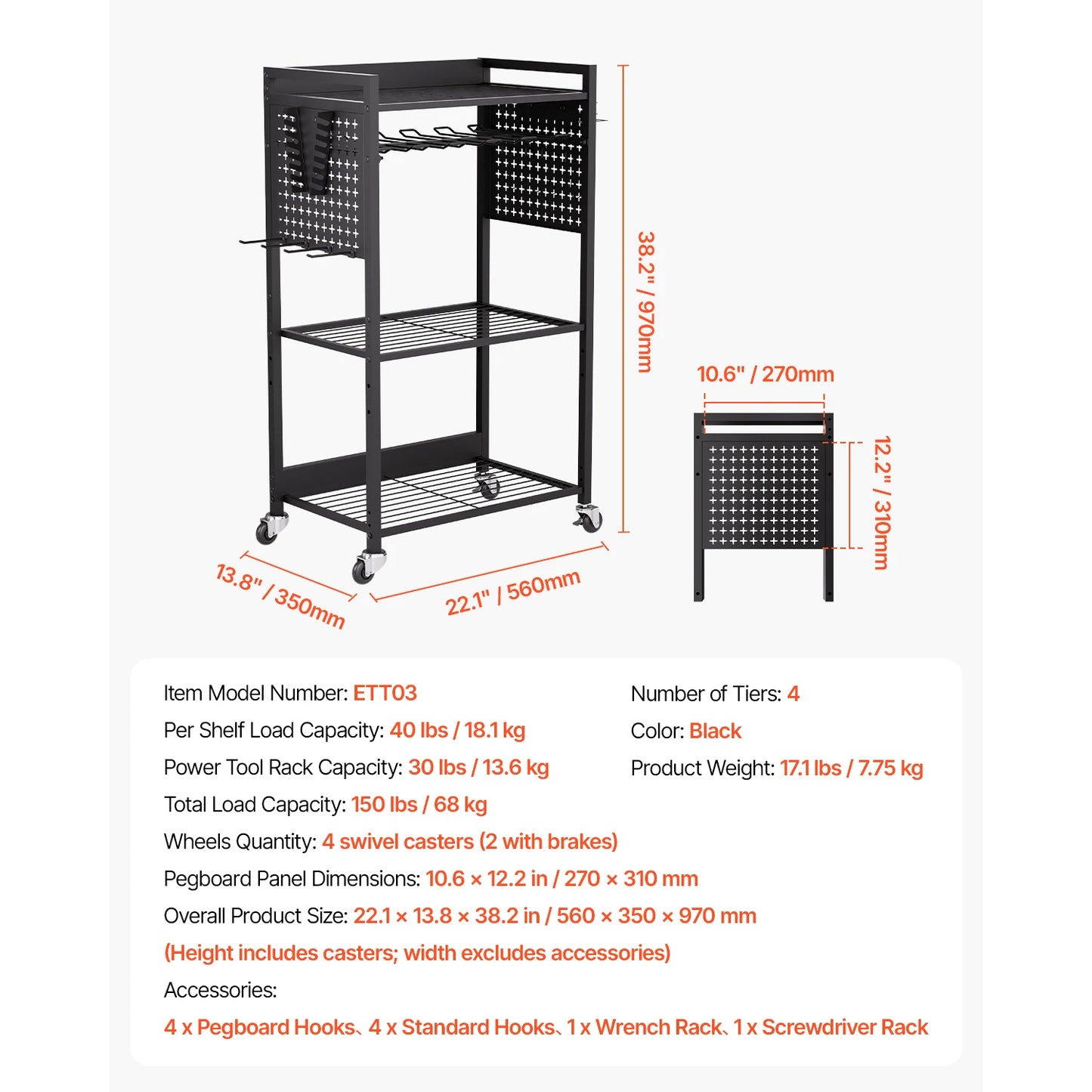 VEVOR 4-tier Rolling Tool Organizer Cart 150 lbs Garage Floor Stand Storage Cart on Wheels Drill Holder Rack for Workshop