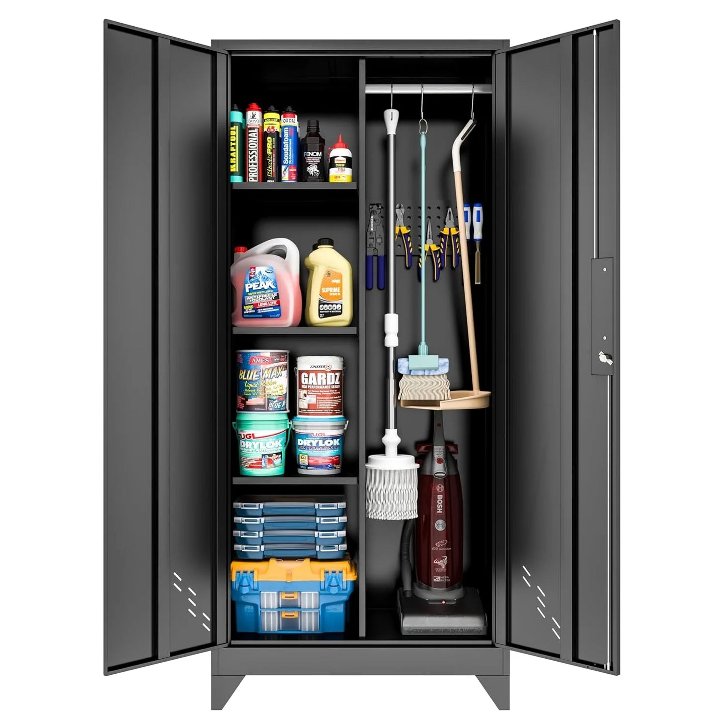 Black Metal Storage Cabinet with Lock, Pegboard & Hanging Rod for Garage Broom Closet, Custom