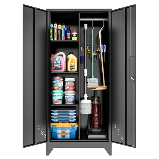 Black Metal Storage Cabinet with Lock, Pegboard & Hanging Rod for Garage Broom Closet, Custom