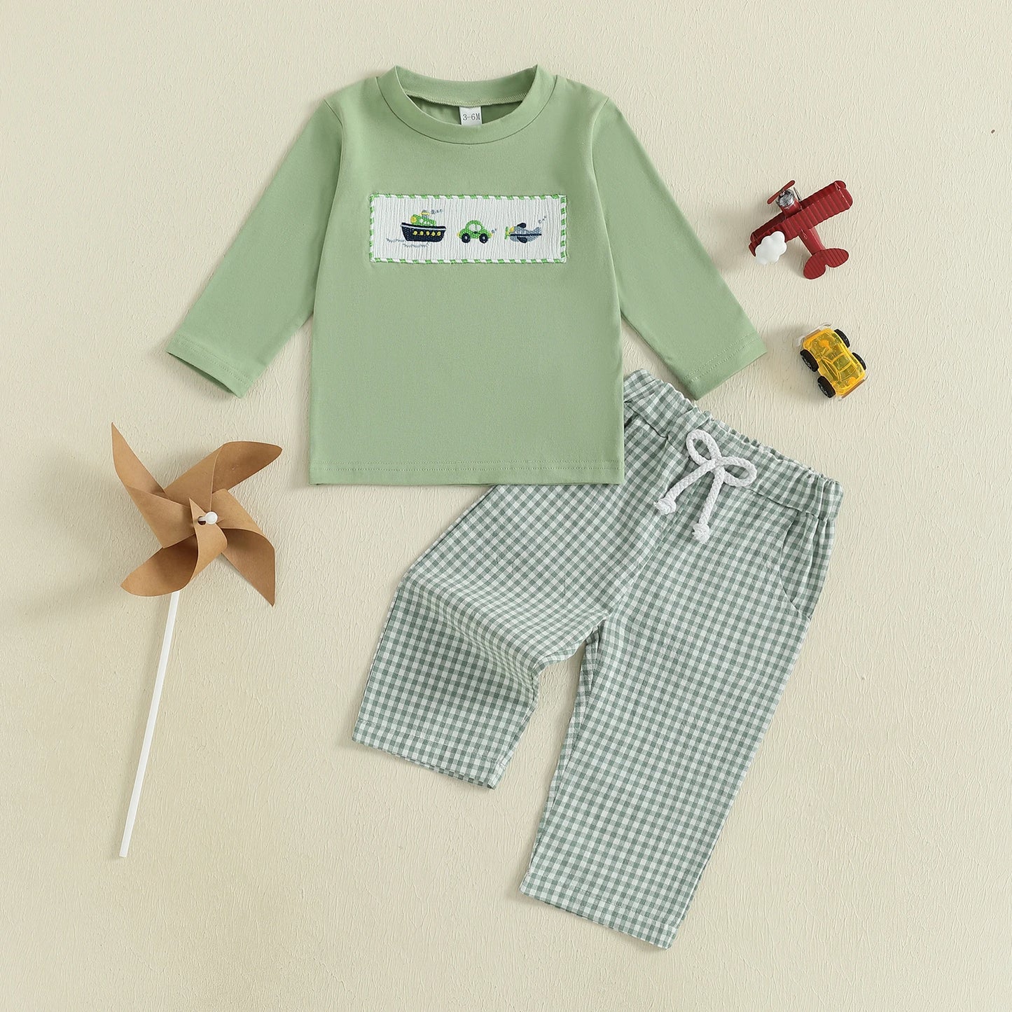 Cute Toddler Boy Autumn Outfit with Airplane and Boat Embroidery Long Sleeve Pullover and Plaid Pants with Elastic Waist