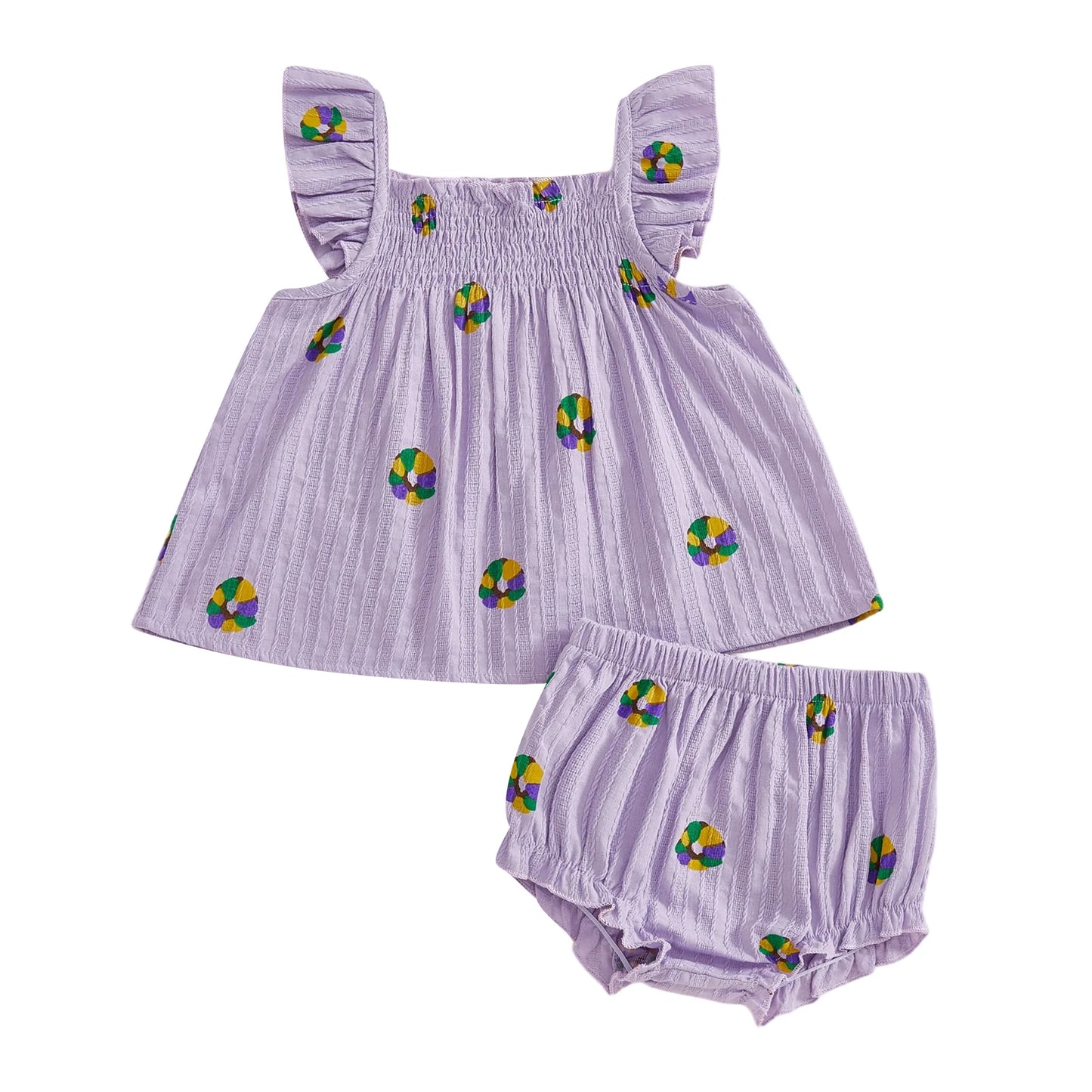 Adorable Baby Girls Outfit Stylish Mardi Gras Facewear Design Top with Matching Ruffle Shorts - 2 Piece Set for Fashionable