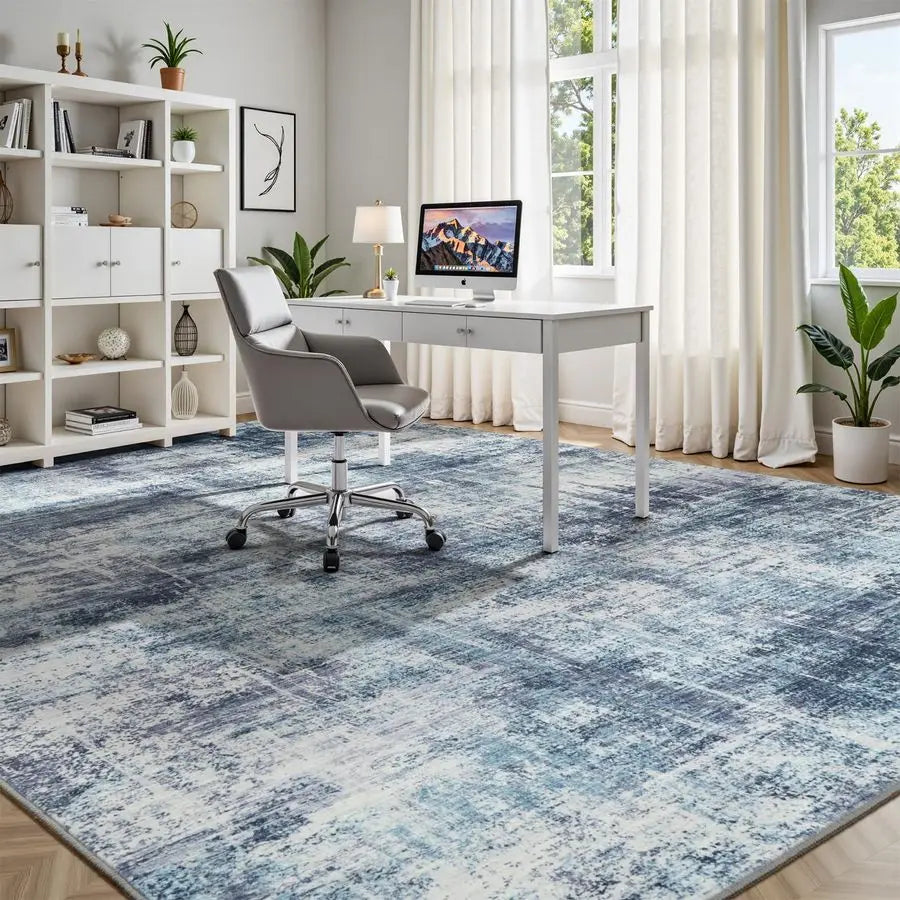 8x10 Area Rug for Living Room, Blue Abstract Large Rugs with NonSlip Backing, Neutral Modern Washable Carpet for Bedroom Dining