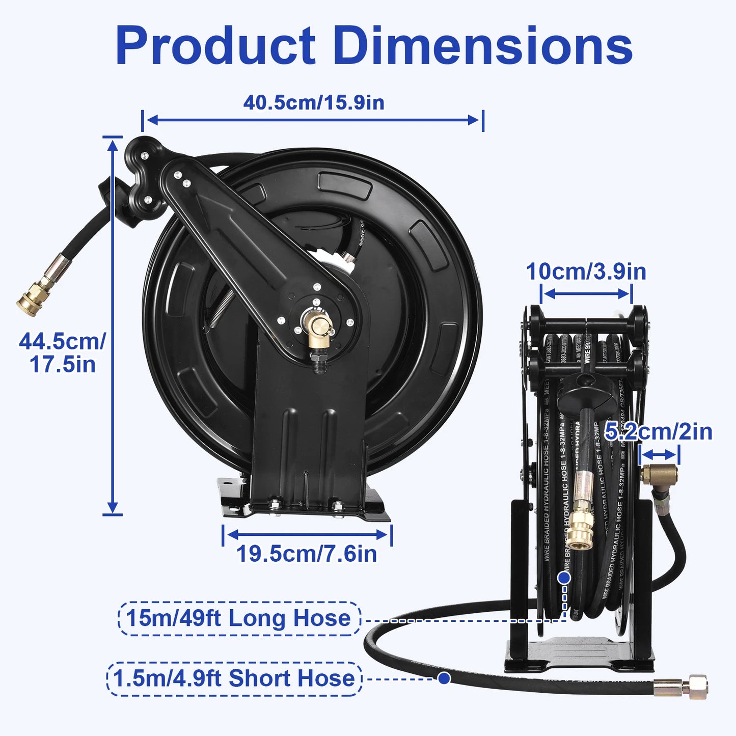 Heavy Duty 4000 PSI Pressure Washer Hose Reel, 0.59in X 50 FT Auto Rewind Retractable Power Washer Hose Reel, Double Arm Steel Construction Wall Ceiling Floor Mount for Cleaning Yard Garden Patio Car
