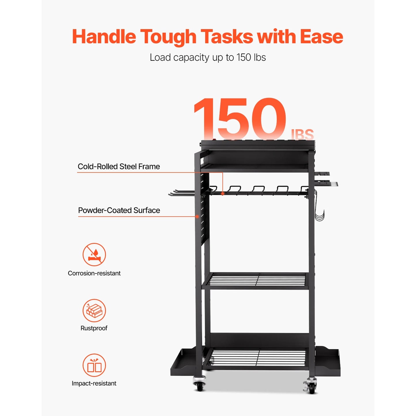 SucceBuy 4-tier Tool Organizer Cart with Charging Station AC Outlet Floor Stand Rolling Storage Drill Holder for Workshop Garage