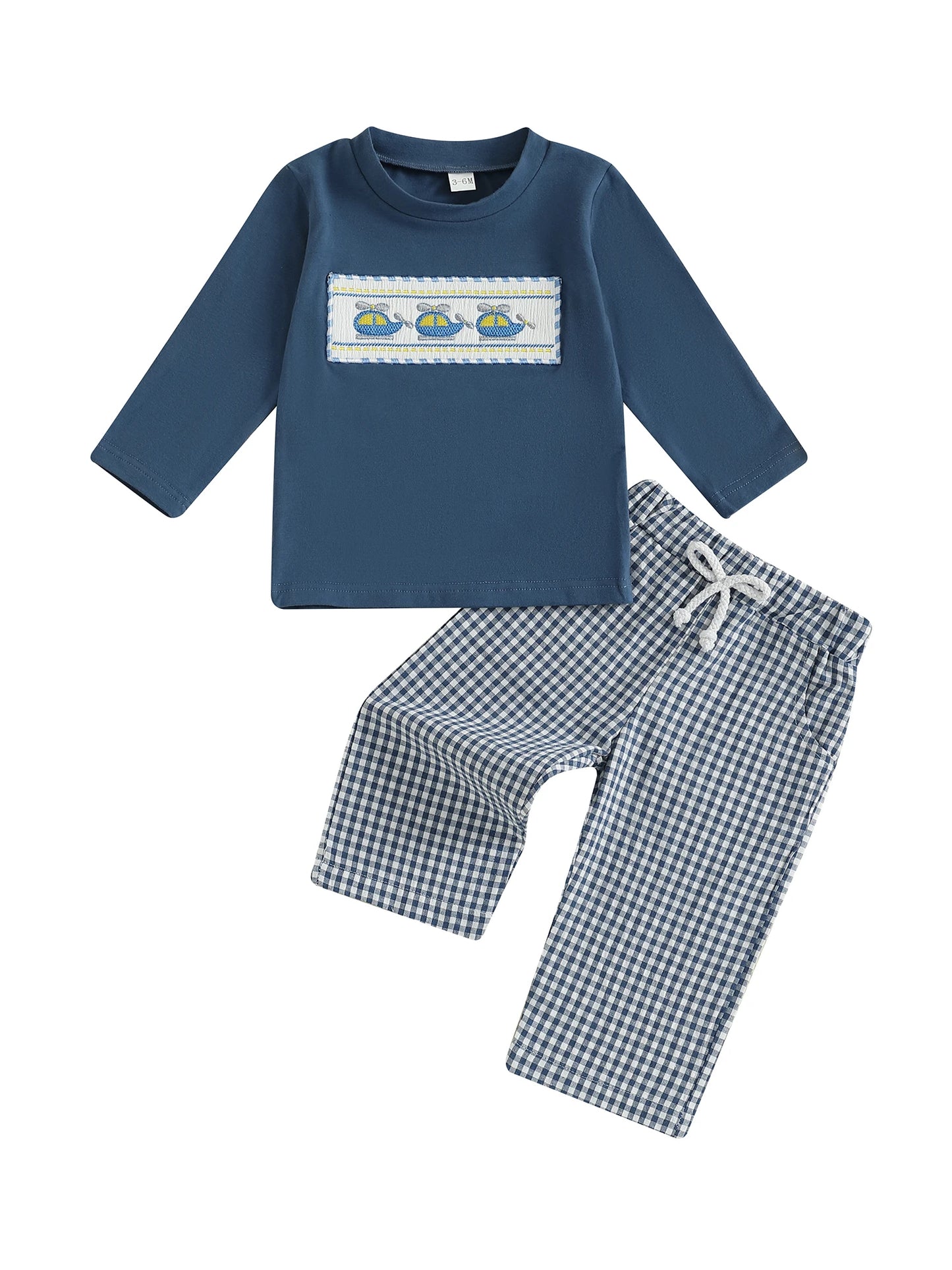 Cute Toddler Boy Autumn Outfit with Airplane and Boat Embroidery Long Sleeve Pullover and Plaid Pants with Elastic Waist