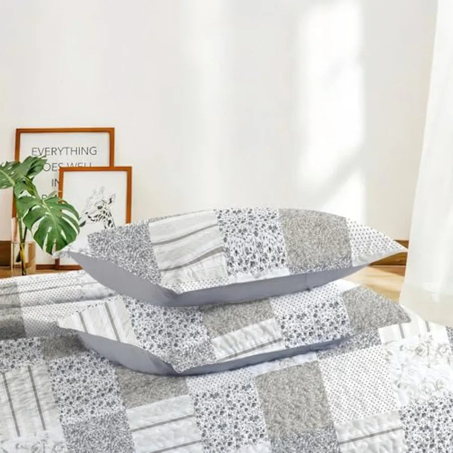 3-Piece Queen Quilt Set, Lightweight Soft Full Size Quilt Plaid Patchwork Farmhouse Bedspread Coverlet Spring Bedding Set