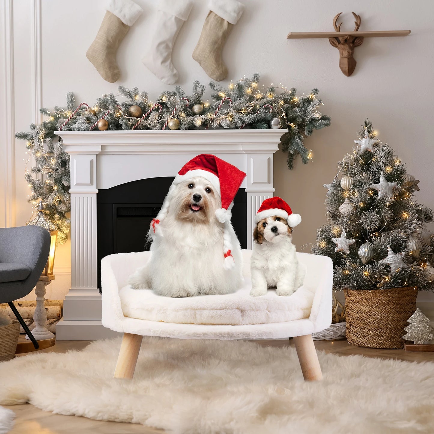 Luxury Soft Cat Bed Warm Plush Fabric Pet Nesting Chair Bed Washable Couch Wood Legs with Cushion Pad  for Small Pets