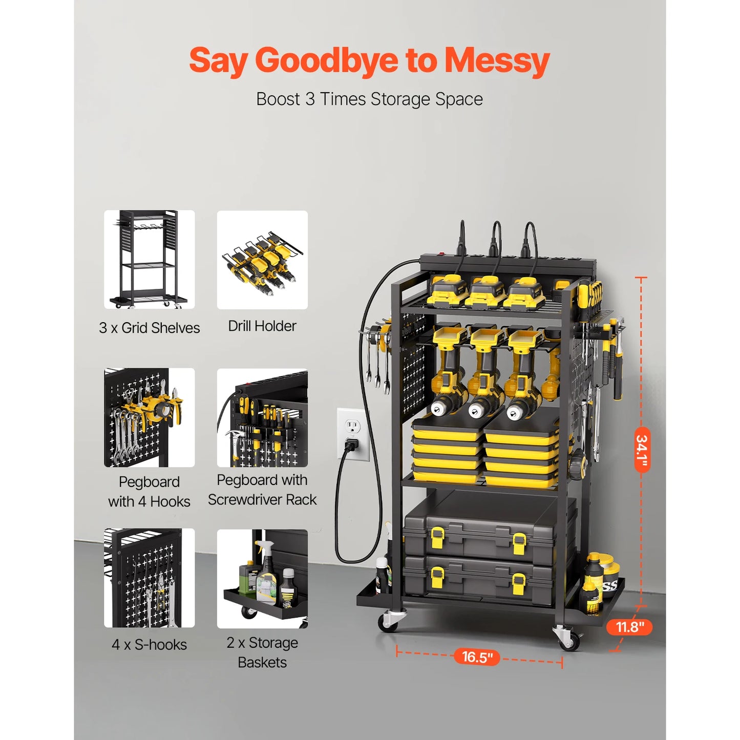SucceBuy 4-tier Tool Organizer Cart with Charging Station AC Outlet Floor Stand Rolling Storage Drill Holder for Workshop Garage