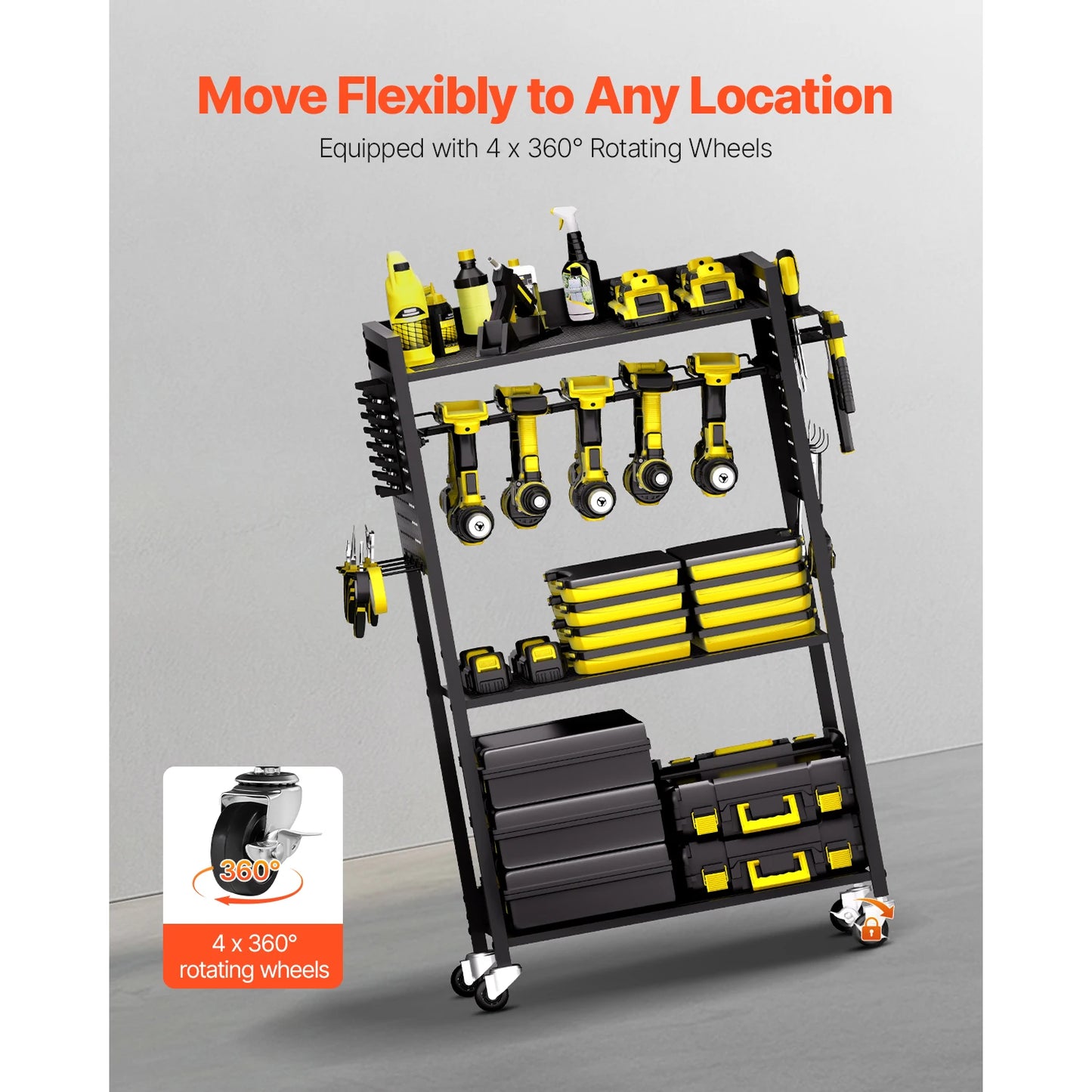 VEVOR 4-tier Rolling Tool Organizer Cart 150 lbs Garage Floor Stand Storage Cart on Wheels Drill Holder Rack for Workshop