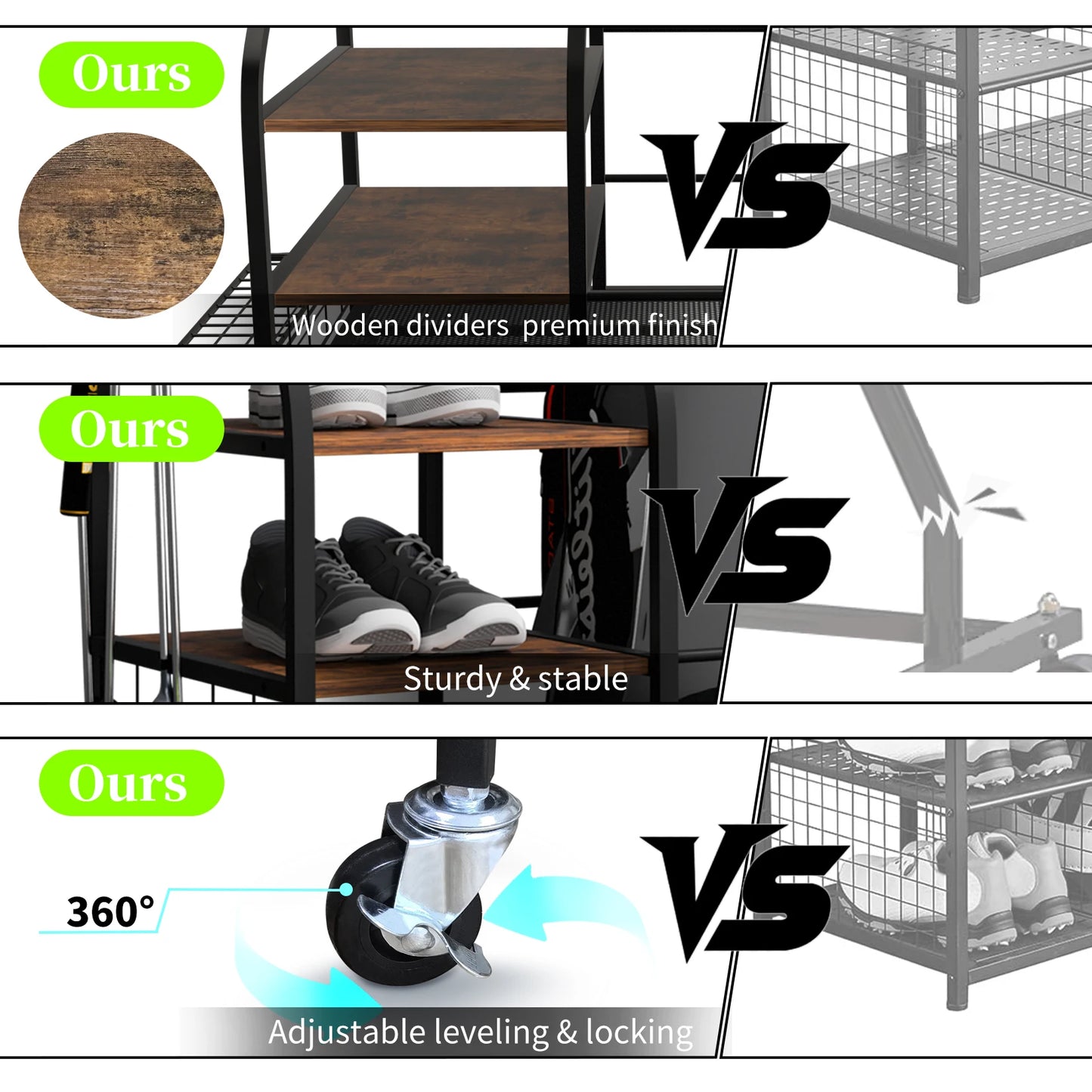 Rolling Golf Storage Rack Garage Organizer Metal Sports Equipment Shelves with Lockable 360° Wheels