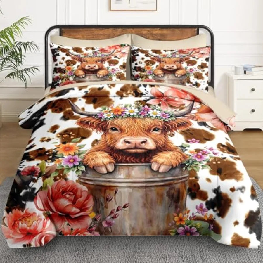5 Pcs Size Comforter Set with Pillowcase and Sham Cute Happy Highland Bull Bedding for and Adults Flower Cow Cattle Print Bed i