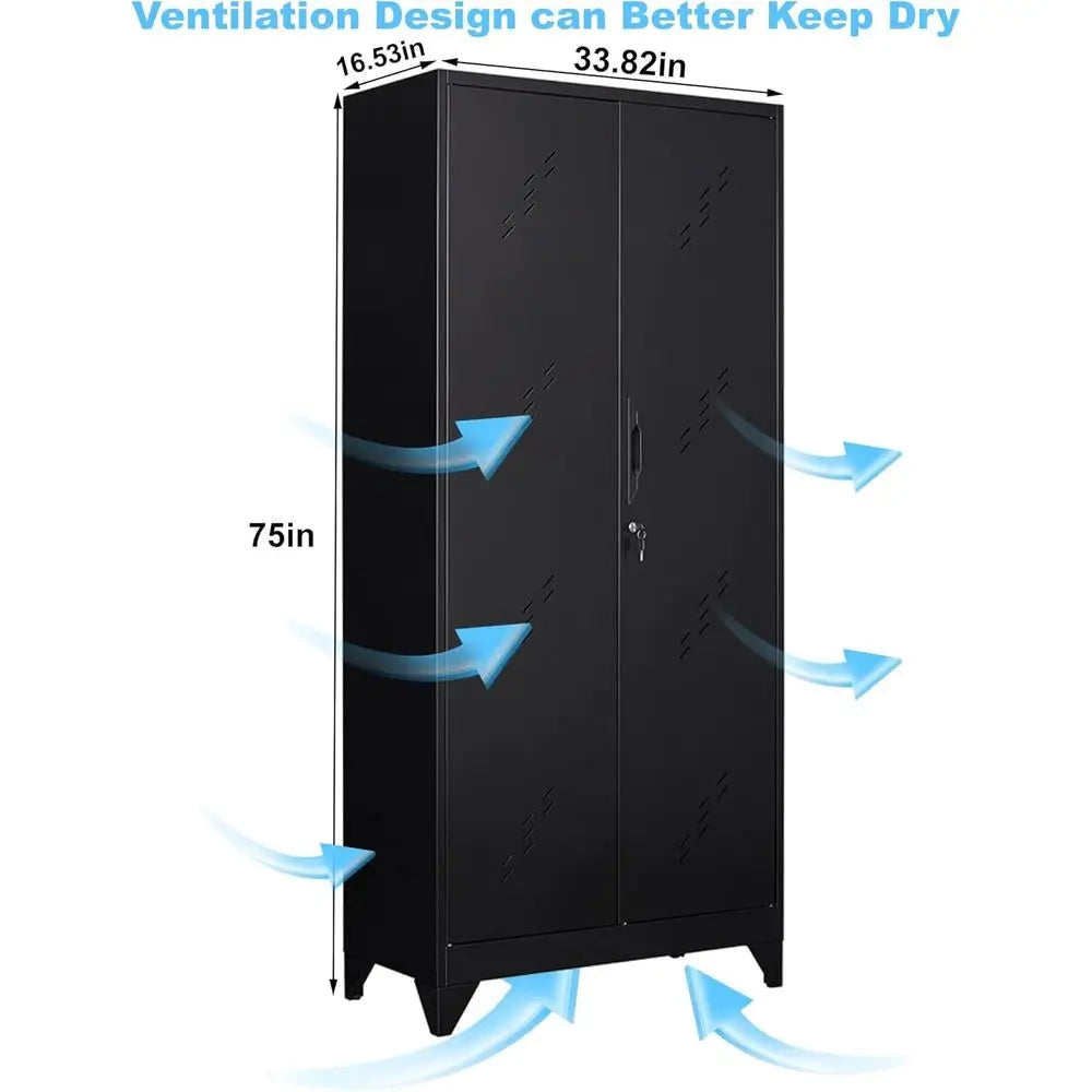 75 Heavy-Duty Metal Storage Cabinet with Lock, Hanging Rod & S-Hooks for Garage Organization