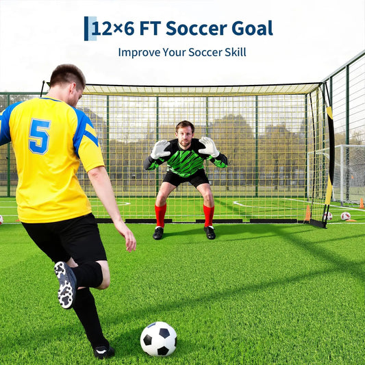 12x6ft Portable Soccer Goal Heavy Duty Metal Frame Foldable Backyard Soccer Net Fiberglass Support Training Equipment With Bag