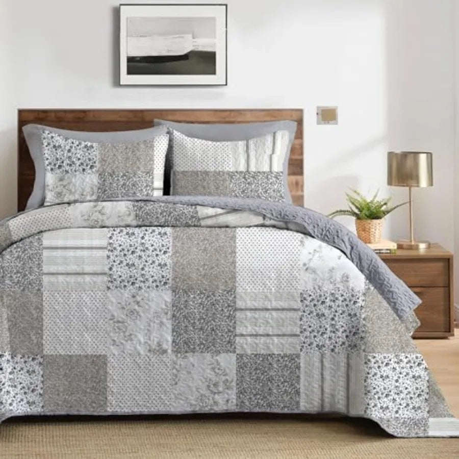 3-Piece Queen Quilt Set, Lightweight Soft Full Size Quilt Plaid Patchwork Farmhouse Bedspread Coverlet Spring Bedding Set